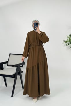 910469 E4+Ayrobin kumaş gizli düğmeli beli lastikli çarpraz katlı etekli elbise -KAHVE