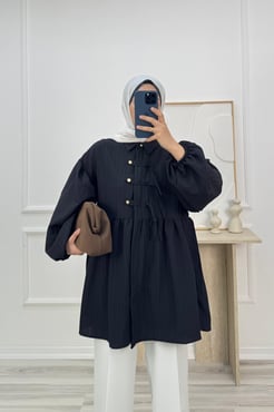 6358-nada kumaş düğmeli tunik-siyah