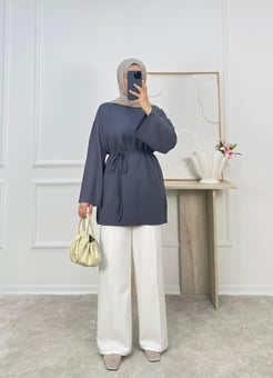 7313-kristal kumaş bağlamalı tunik-füme