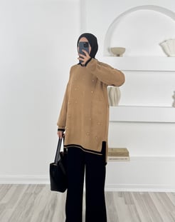 1463 - önü taşlı triko tunik -  sütlü kahve 