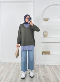 5690 - kristal kumaş çizgili gömlek tunik - yeşil 
