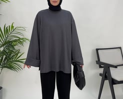 4421-oysho kumaş-kolları katlama detaylı yanları yırtmaçlı tunik-füme