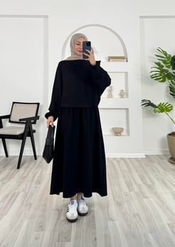 8365 - oysho kumaş beli lastikli etekli takım - siyah 