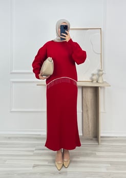 8803-inci/zincir detaylı triko kazak elbise-kırmızı