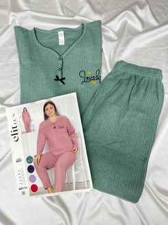 Ç8398 - büyük beden önü dügmeli fitilli pijama takımı - yeşil