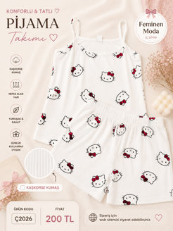ç2026-kaşkorse kumaş ip askılı şortlu hello kitty pijama takımı-beyaz
