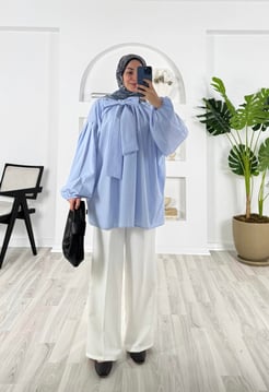 2082-terikoton kumaş-arkası bağlama detaylı tunik-bebe mavisi