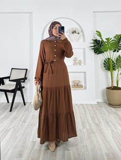 2563-kaş kumaş-yaka detaylı kemerli elbise-kahverengi