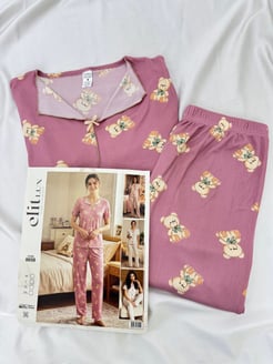 ç8658-raporlu kaşkorse kısa kol ayıcıklı pijama takımı-pembe
