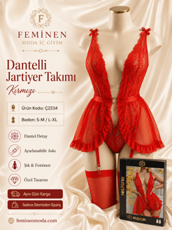 ç2234-tül dantel detaylı jartiyer-kırmızı