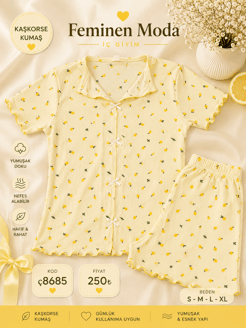 ç8685-kaşkorse kumaş kısa kollu şortlu takım-sarı 