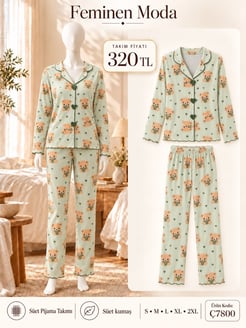 ç7800-süet kumaş gömlek yaka pijama takımı-su yeşili 
