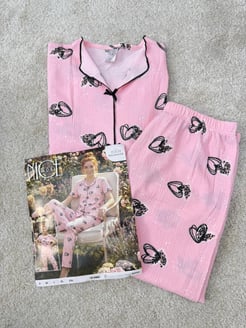 ç6309-bürümcük kumaş fiyonklu pijama takımı-pembe
