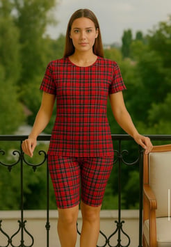 Ç1078 - kısa kollu kapri milan kumaş küçük kareli pijama takımı - lacivert 