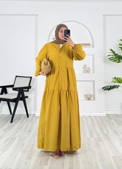 33065-terikoton kumaş-yarım düğmeli v yaka elbise-hardal