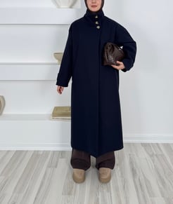 70086-dik yaka astarlı kaşe kaban-lacivert