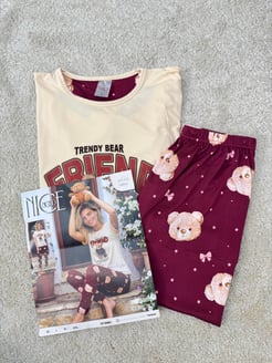 ç6649-milan kumaş kısa kollu frıend pijama takımı-bordo