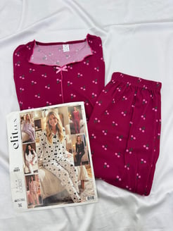 ç8691-Kaşkorse  kumaş gömlek yaka uzun kollu kirazlı  pijama takımı  - bordo