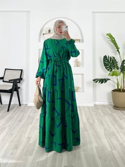5642-pamuk viskon kumaş-beli büzülebilir elbise-benetton yeşili