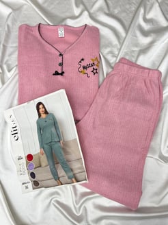 ç8538 -fitilli uzun kollu pijama takımı - pembe