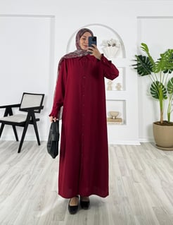 22022-Ayrobin kumaş-boydan düğmeli kol kısımları pileli uzun tunik-bordo