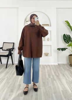 7269-terikoton kumaş-bilek ucu bağlama detaylı gömlek-acı kahve