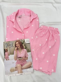 ç6818-bürümcük kumaş şortlu kısa kollu yıldızlı pijama takımı-pudra