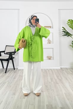 8235-terikoton kumaş-önden bağlamalı kimono-fıstık yeşili