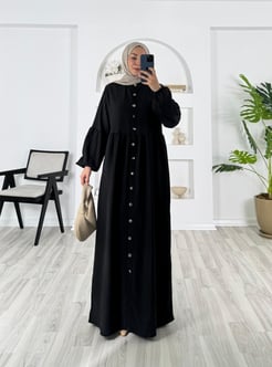 6301-kırınkıl kaş kumaş-boydan düğmeli elbise-siyah