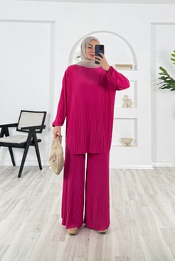 7126-sandy kumaş-pantolonlu takım-fuşya