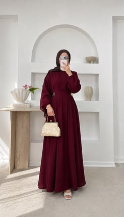 5591-lilyum kumaş yanları düğme detaylı elbise-bordo