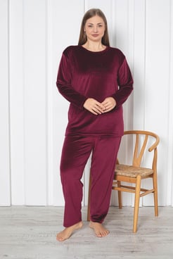 Ç8409- BÜYÜK BEDEN KADİFE PİJAMA TAKIMI - BORDO