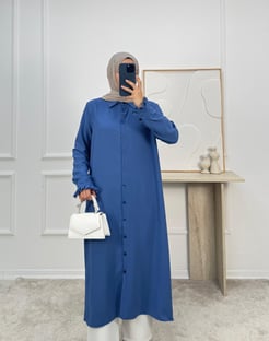1437-ayrobin kumaş kolu fırfırlı önü düğmeli tunik-mavi