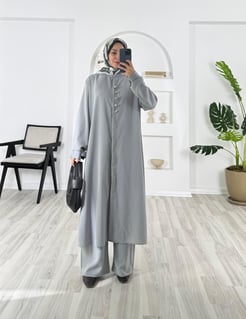 3545-ayrobin kumaş-yaka süs düğme detaylı pantolonlu takım-gri