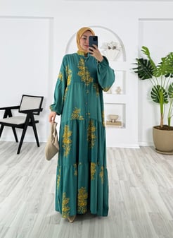 5276-pamuk viskon kumaş-beline kadar düğmeli elbise-yeşil