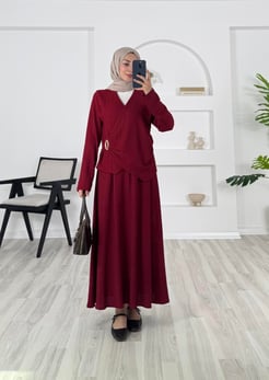 1649 - örme kumaş üstü çapraz broşlu etekli takım - bordo 