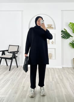 0455-oysho kumaş-yanları yırtmaçlı pantolonlu takım-siyah