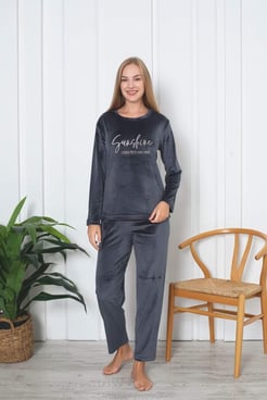 Ç8402 -  UZUN KOLLU KADİFE PİJAMA TAKIMI - FÜME