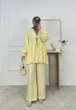 9133-modal kumaş büzgülü bağlamalı pantolonlu takım-sarı
