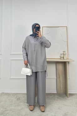 3035-çilek kumaş ip detaylı pantolonlu takım-gri 