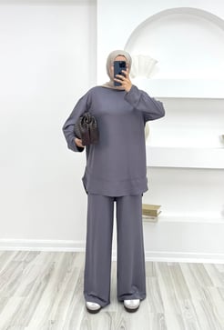 9266 kristal kumaş pantolonlu takım -gri
