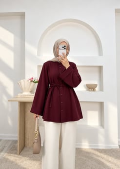 8813-dabıl krep kumaş hakim yaka tunik-bordo 