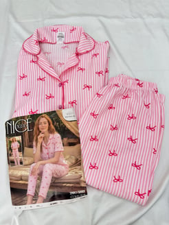 ç6937-bürümcük kumaş gömlek yaka kısa kollu pijama takımı-pembe