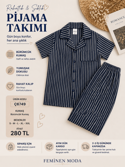 ç6749-bürümcük kumaş gömlek yaka kısa kollu pijama takımı-lacivert 