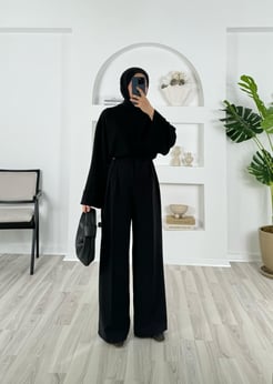 9941-dabıl kumaş düğme detaylı bel kısmı pileli pantolon siyah