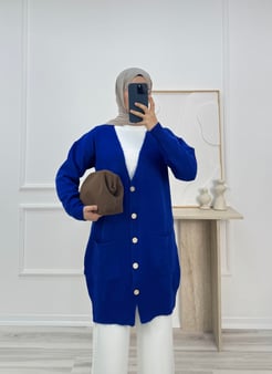 157-sakallı triko düğmeli uzun hırka-mavi