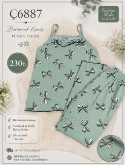 ç6887-bürümcük kumaş ip askılı pijama takımı-yeşil