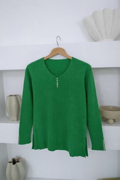 9763-taşlı fitilli triko kazak-yeşil