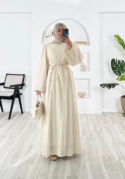 4172-vrn polyester kumaş-balon kol hakim yaka kemerli elbise-taş