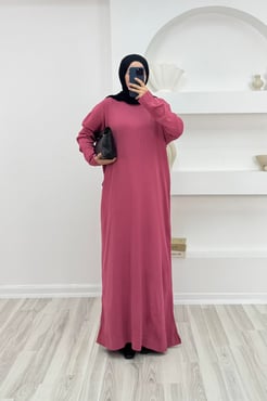 2271-kendinden çizgili triko elbise-gül kurusu